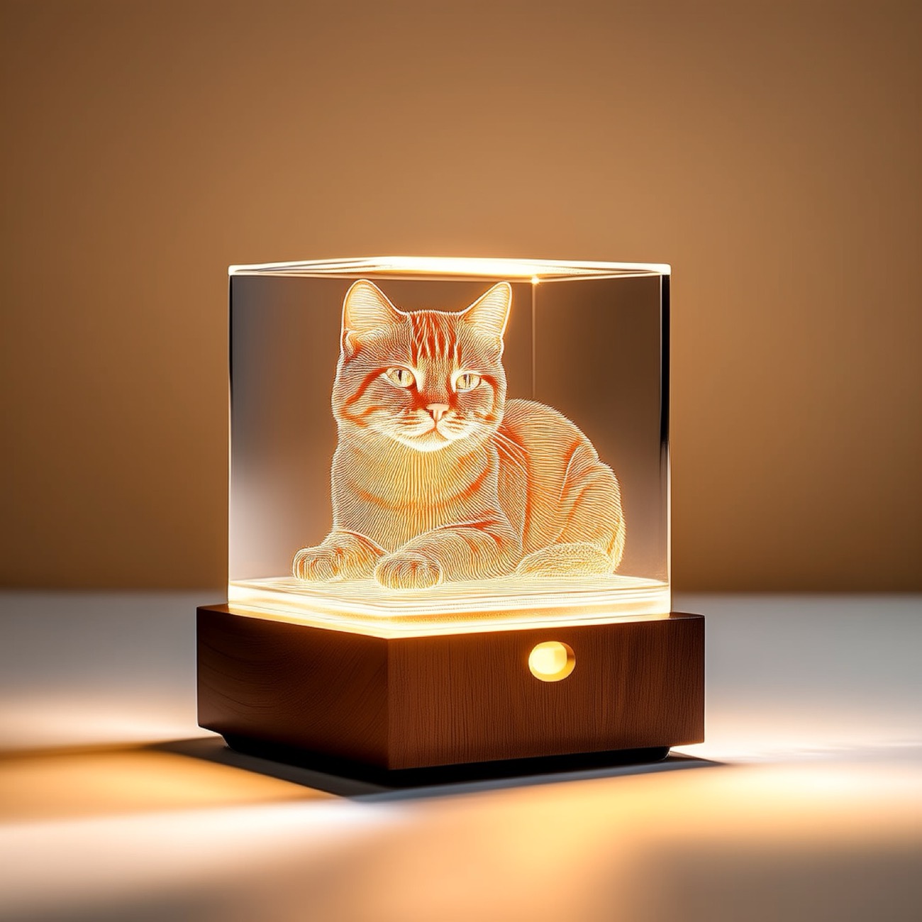 A 3D laser-engraved cat portrait glowing inside the crystal on its USB LED base