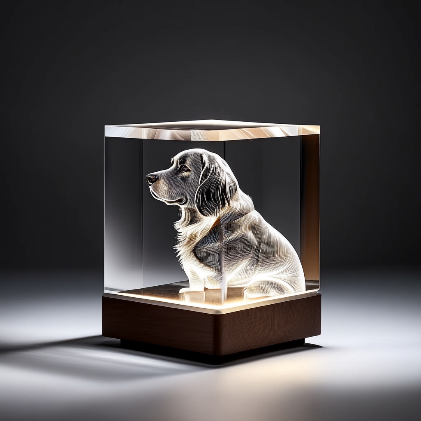 The optical crystal keepsake shown at an angle on its LED base