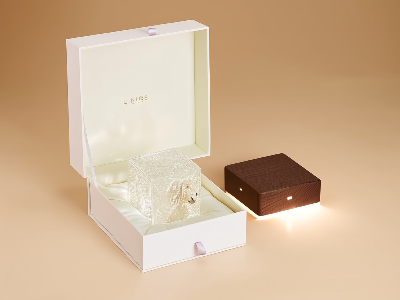 The crystal keepsake presented in its gift box with the wooden LED base beside it