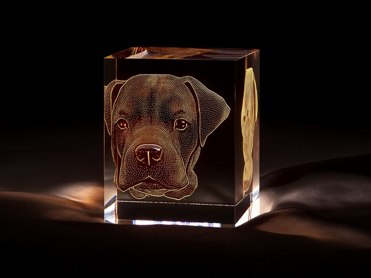 Close-up of the laser-engraved 3D dog portrait inside the optical crystal